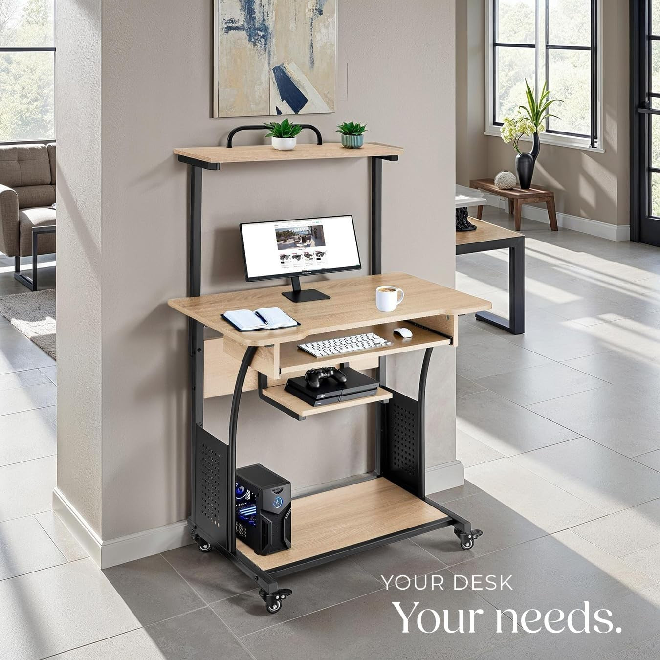 Mobile Computer Desk w/Wheels & Shelves, Compact 4-Tier Home Office Table