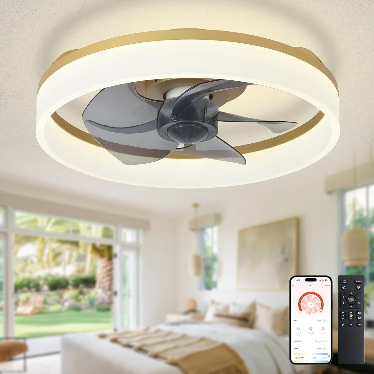 16" LED Ceiling Fan with Light, Remote & App Control, Dimmable, Gold Bladeless