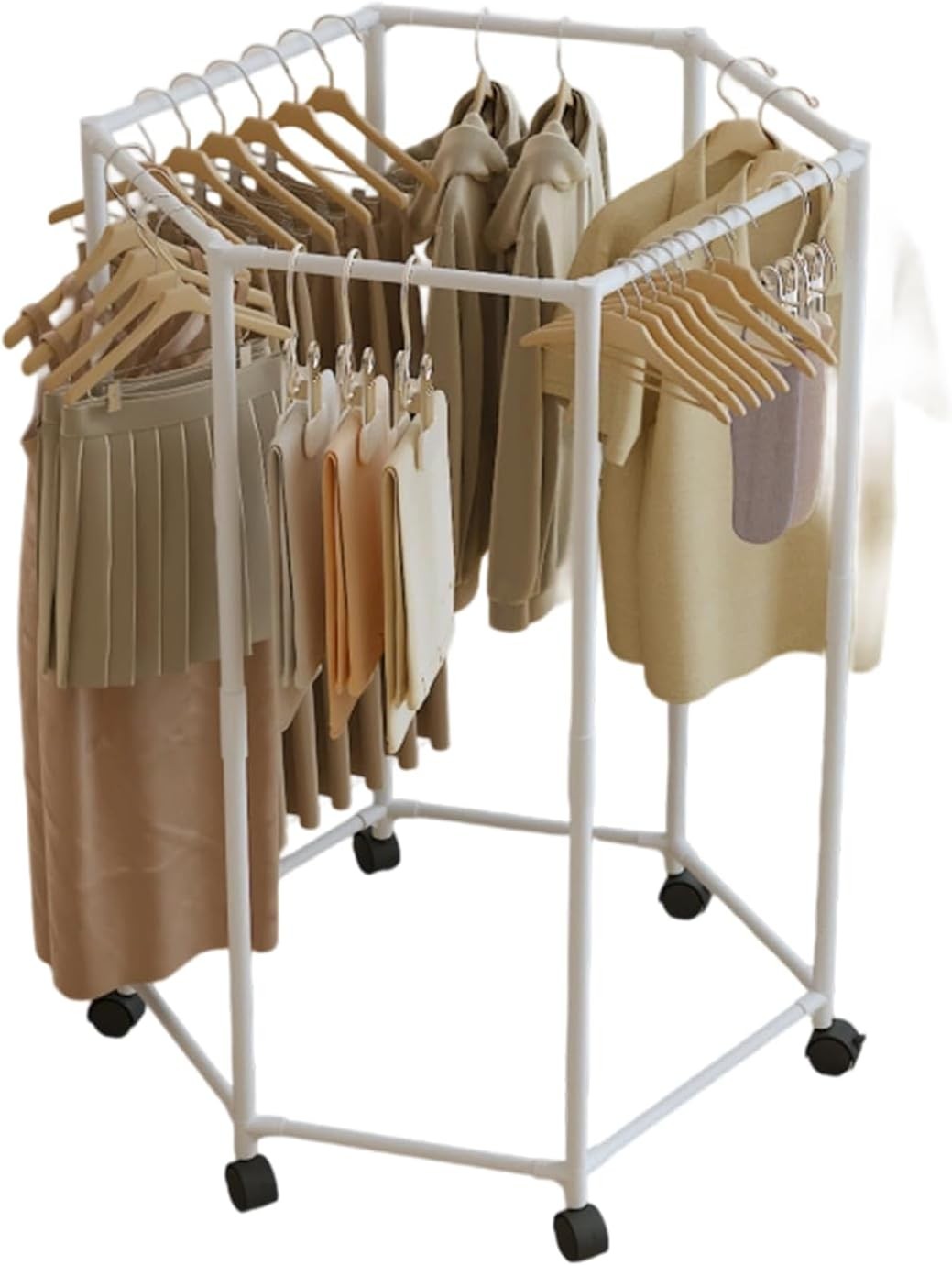Hexagonal Clothes Drying Rack Rolling Laundry Rail Space Saving Indoor Outdoor