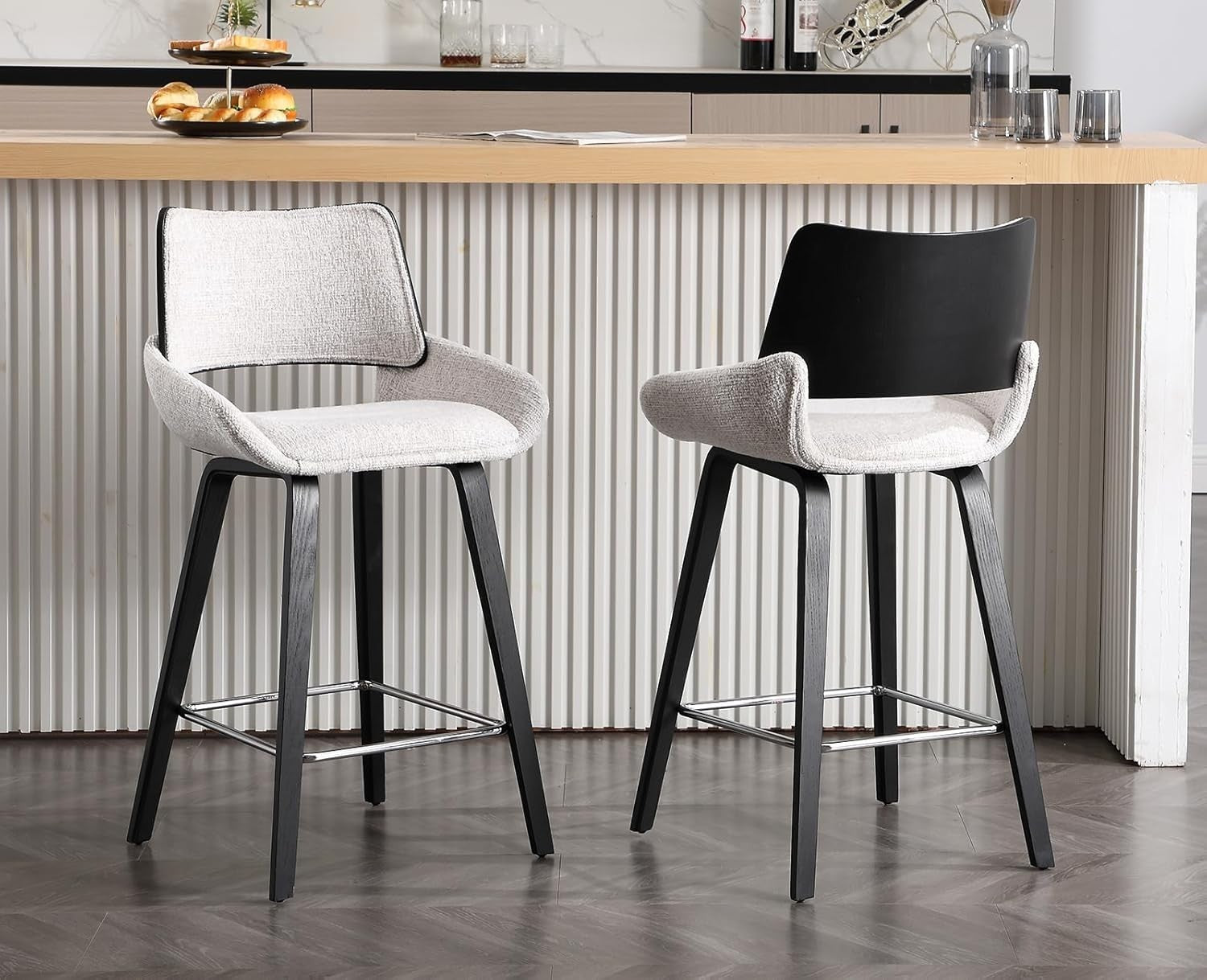 Modern Grey Bar Stools Set of 2 | Chenille Seat, Solid Wood Frame