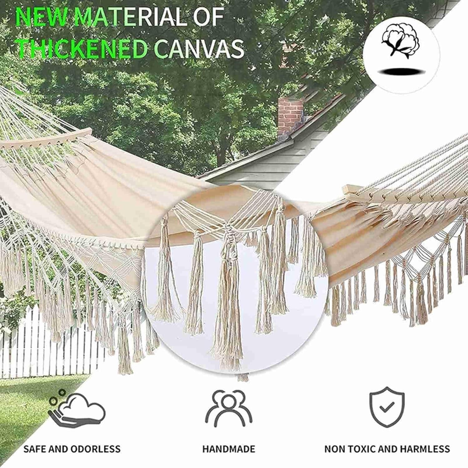 Luxury Canvas Hammock with Wooden Spreader Bar – Anti-Roll Design & Tassels