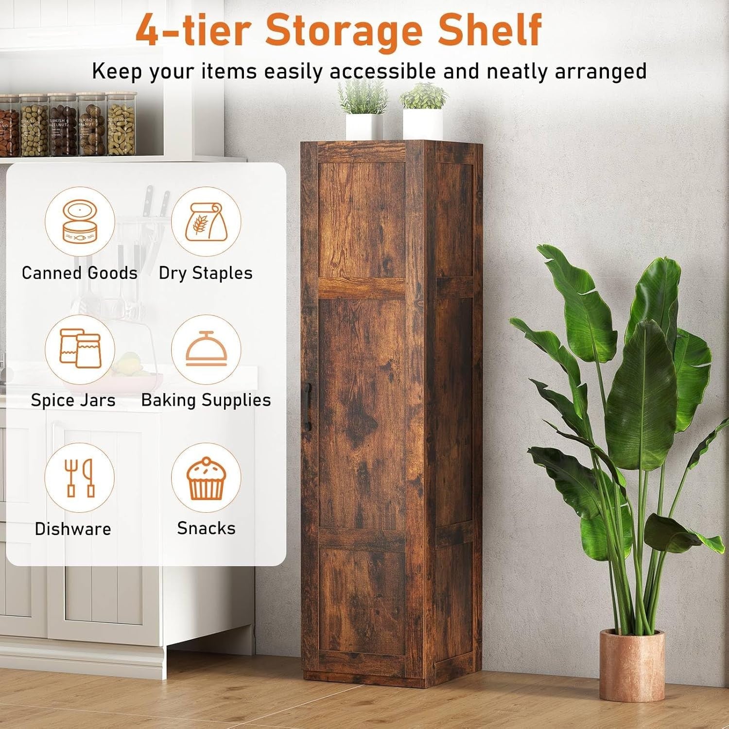 Tall Rustic Brown Kitchen Cupboard 4 Tier Wooden Storage Cabinet Unit
