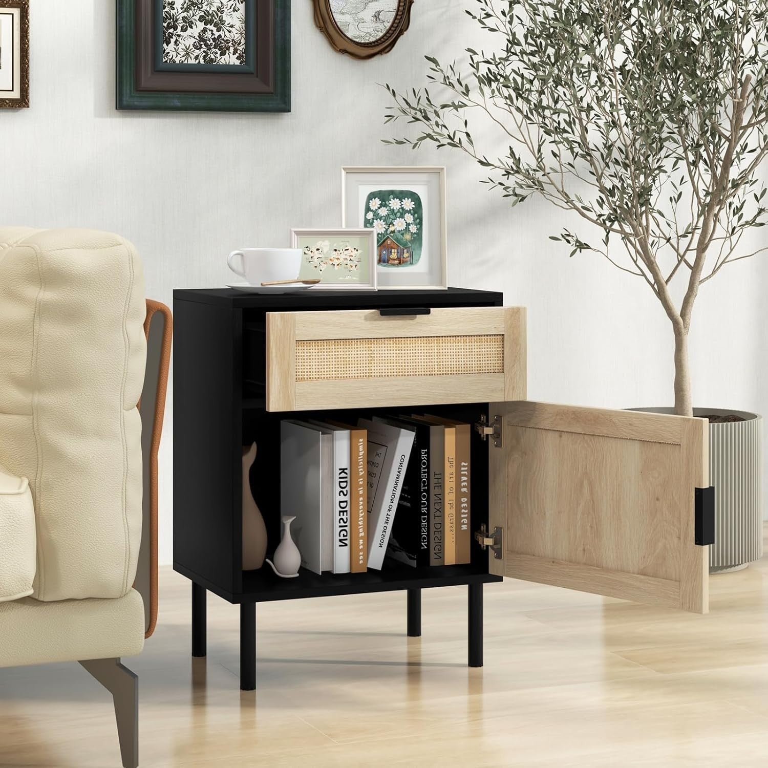 Set of 2 Black Rattan Bedside Tables with Drawer & Cabinet Modern Nightstands