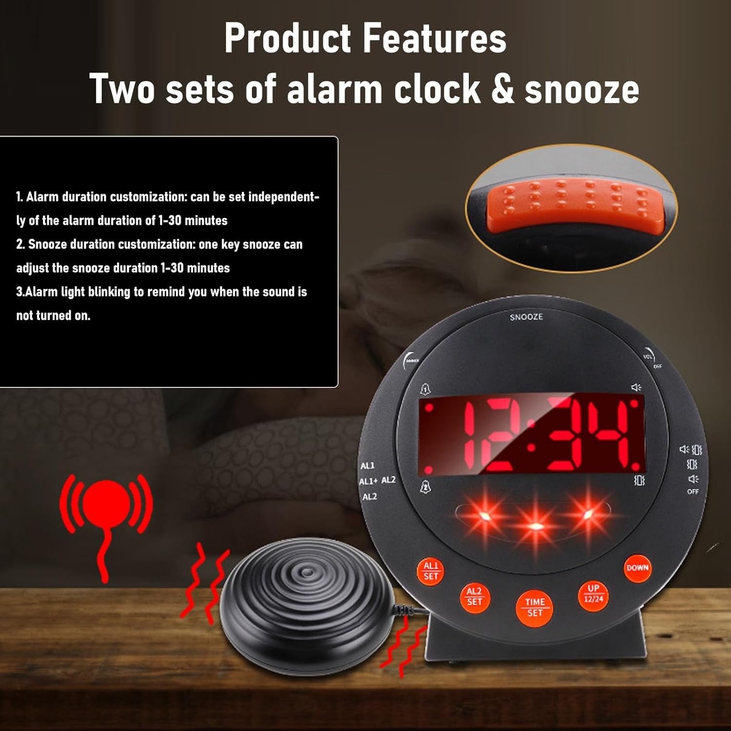 Vibrating Alarm Clock Loud Heavy Sleepers Bed Shaker LED Digital Display