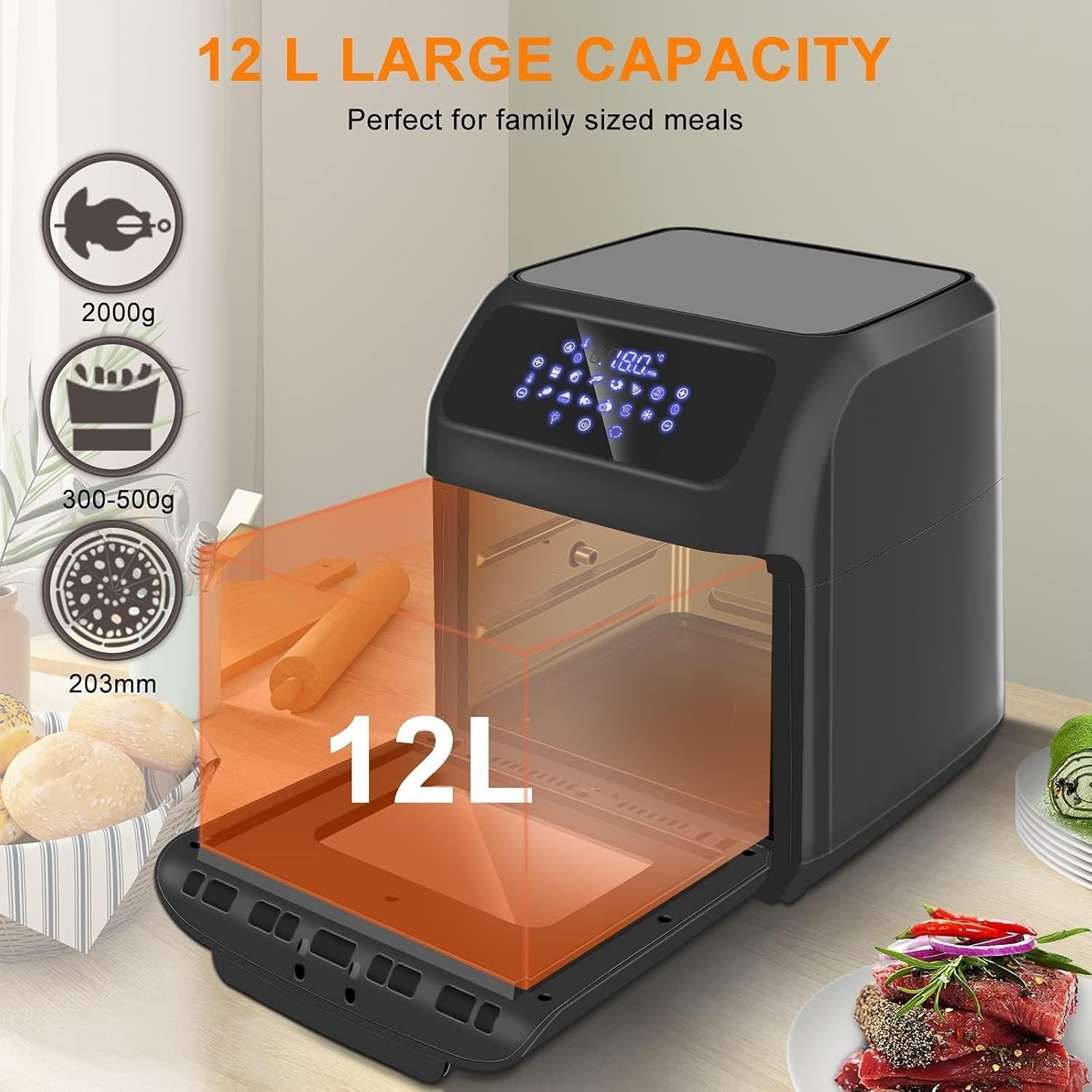 12L Digital Air Fryer Oven with Rotisserie, Dehydrator, 90-min Timer