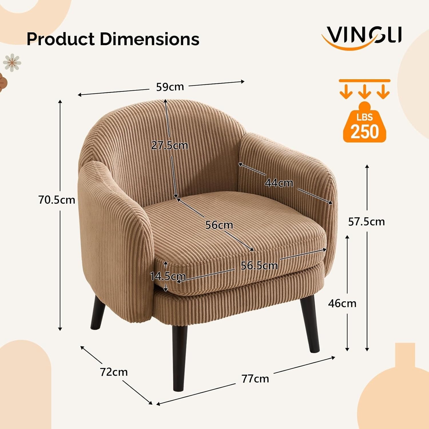Modern Corduroy Accent Armchair Wide Track Arms Wood Legs Khaki