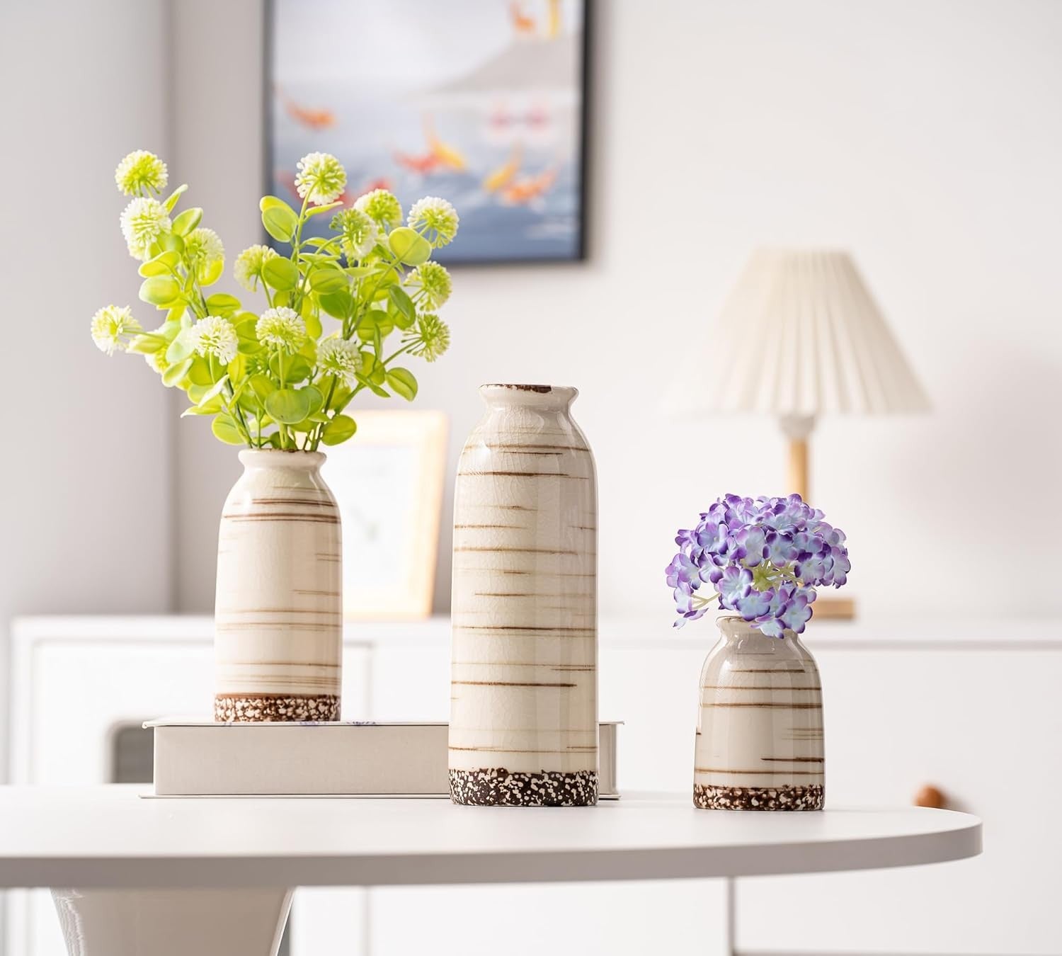 Beige Ceramic Vase Set of 3 Farmhouse Pampas Grass Vases Home Decor