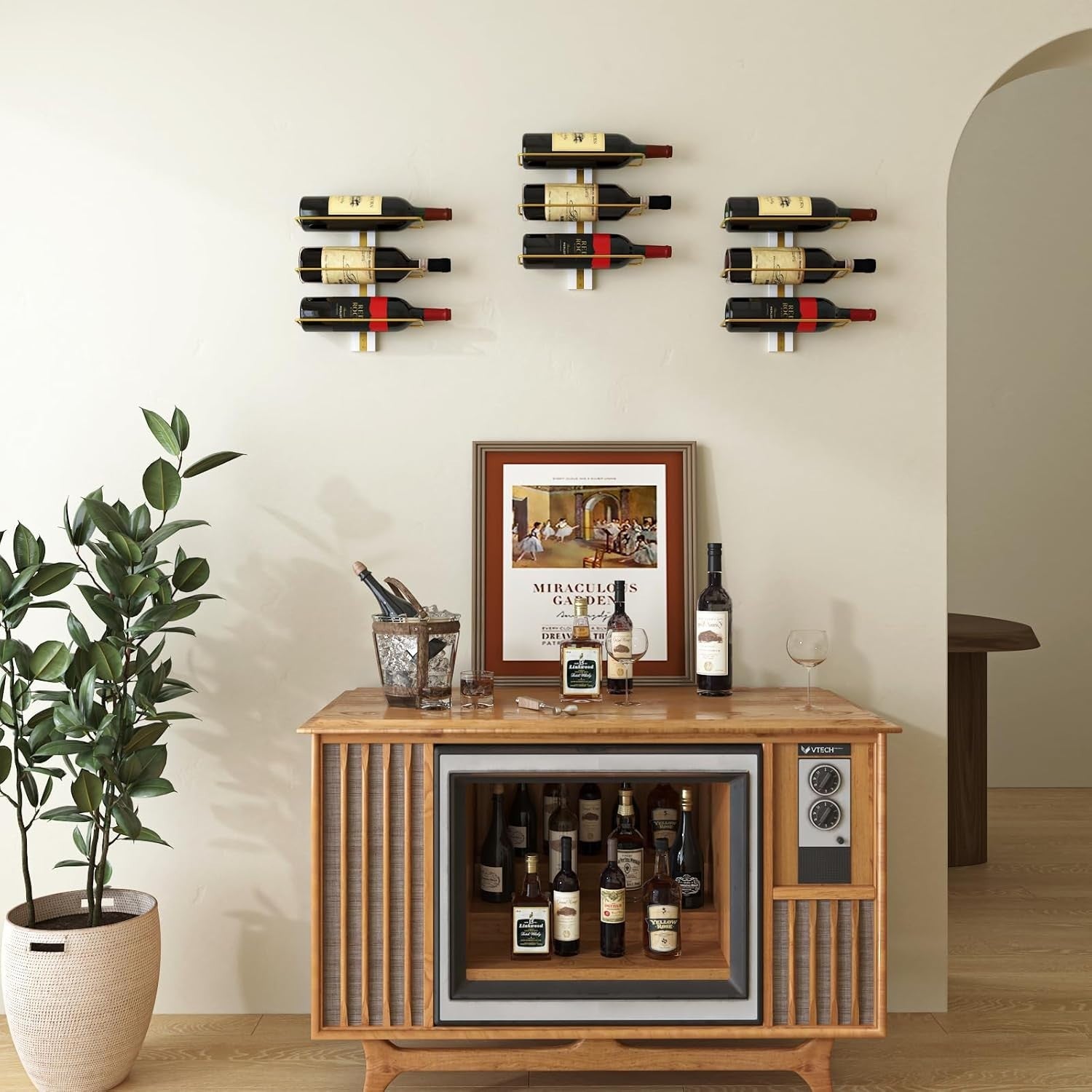 Wall Mounted Wine Rack Metal & Wood Bottle Holder 7-Tier Modern Display Shelf