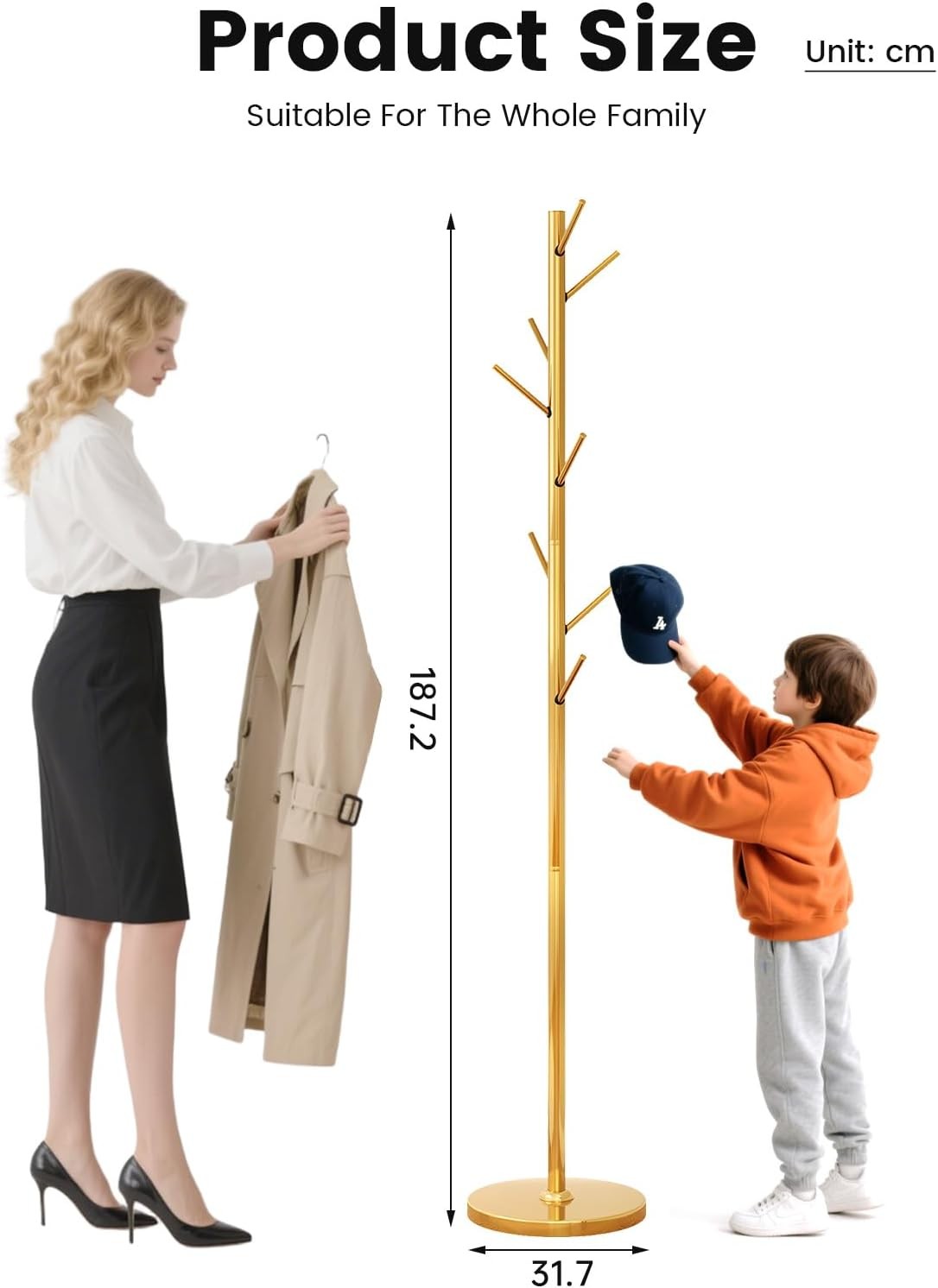 Gold Metal Coat Rack Stand 8 Hooks | Modern Freestanding Hall Tree 187cm