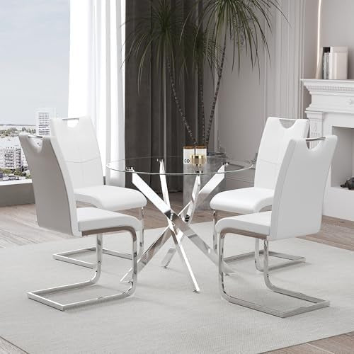 100cm Round Glass Dining Table with 4 White Faux Leather Chairs Set