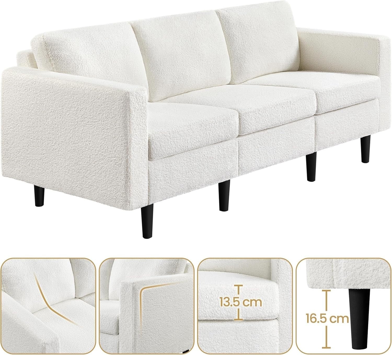 Ivory Bouclé 3 Seater Sofa Modern Compact Couch for Lounge Office