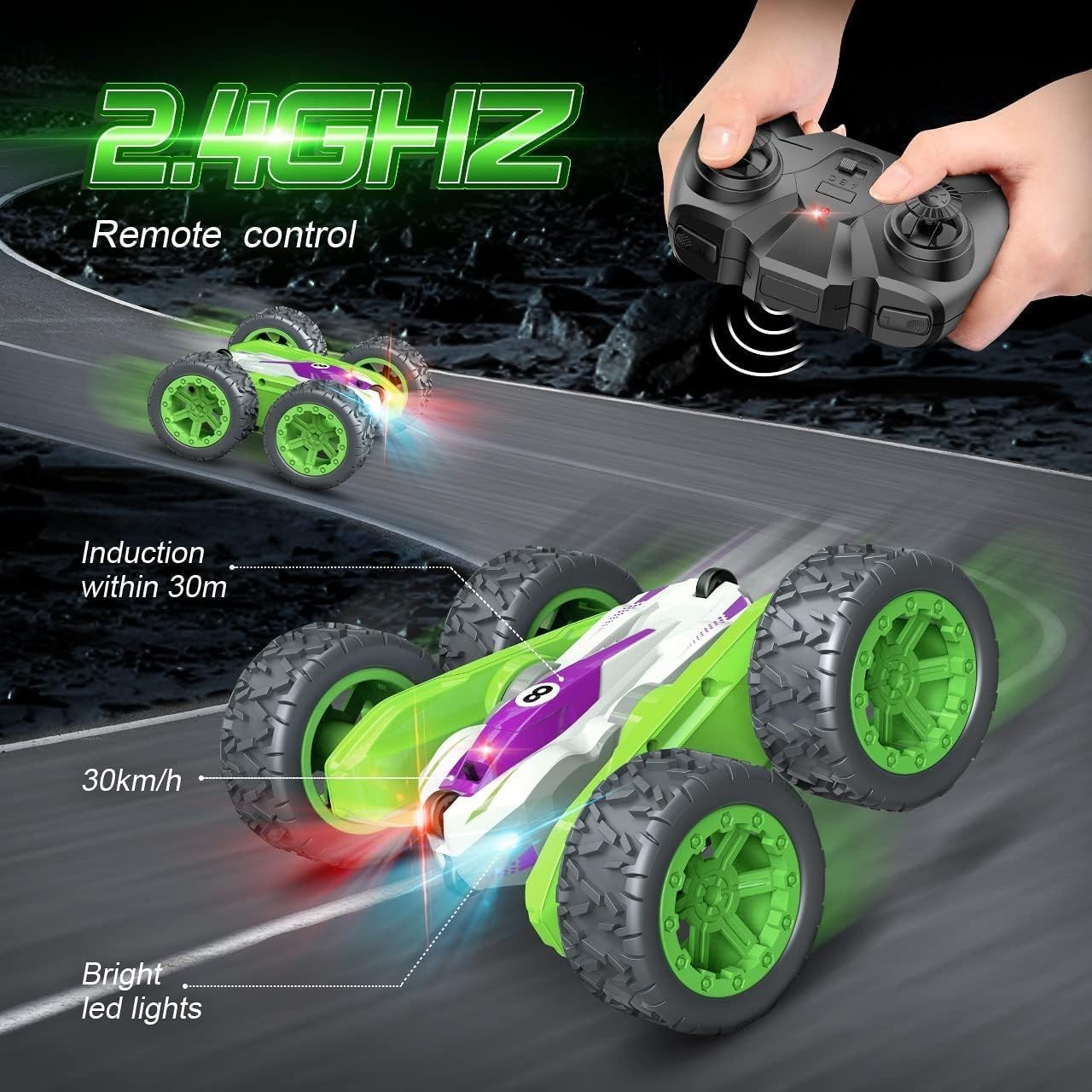 4WD 360° Flip RC Car for Boys 3–10 – LED Stunt Car, Rechargeable Toy