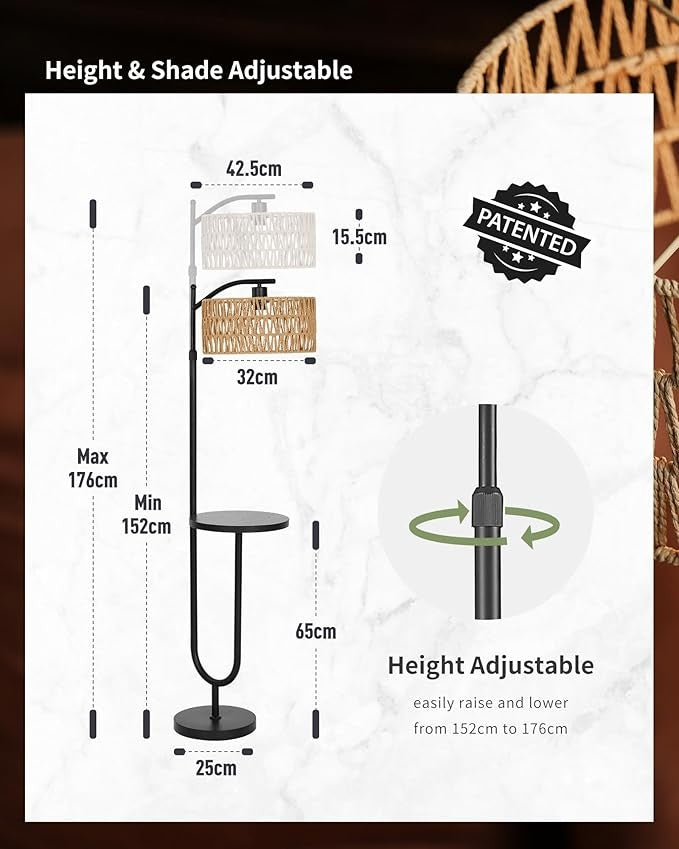 Floor Lamp with Shelf Rattan Standing Light Adjustable Height Boho Black