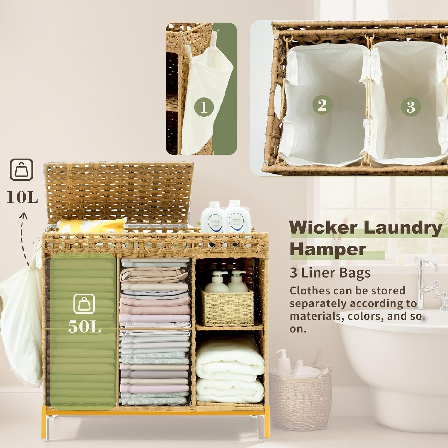 110L Rattan Laundry Hamper with Lid 3 Bags Storage Shelf Wicker Organizer Unit