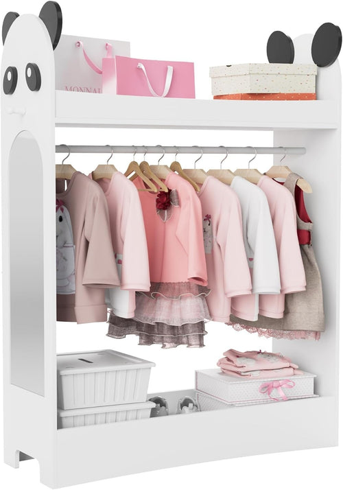Kids Wardrobe with Mirror & Hanging Rail, Open Storage No Drawer White