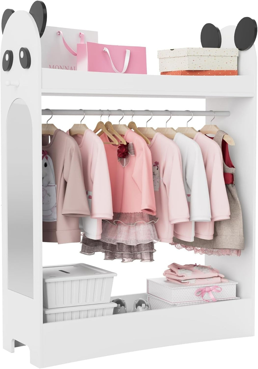 Kids Wardrobe with Mirror & Hanging Rail, Open Storage No Drawer White
