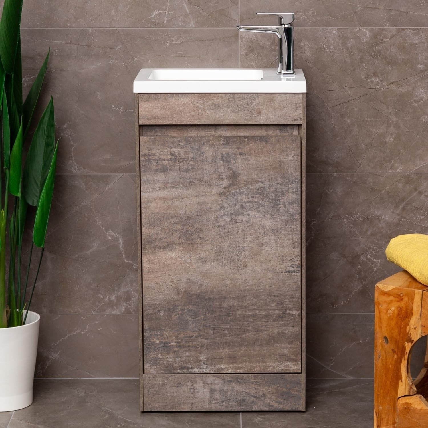440mm Brown Floor Standing Vanity Unit with Polymarble Basin & Soft Close Door