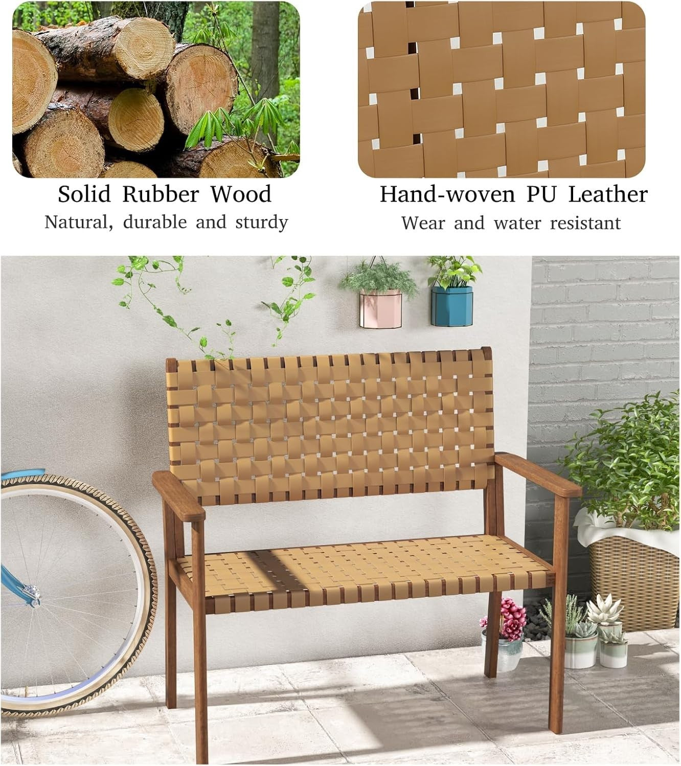 2 Seater Outdoor Rattan Garden Bench with Wood Frame Patio Balcony Seat