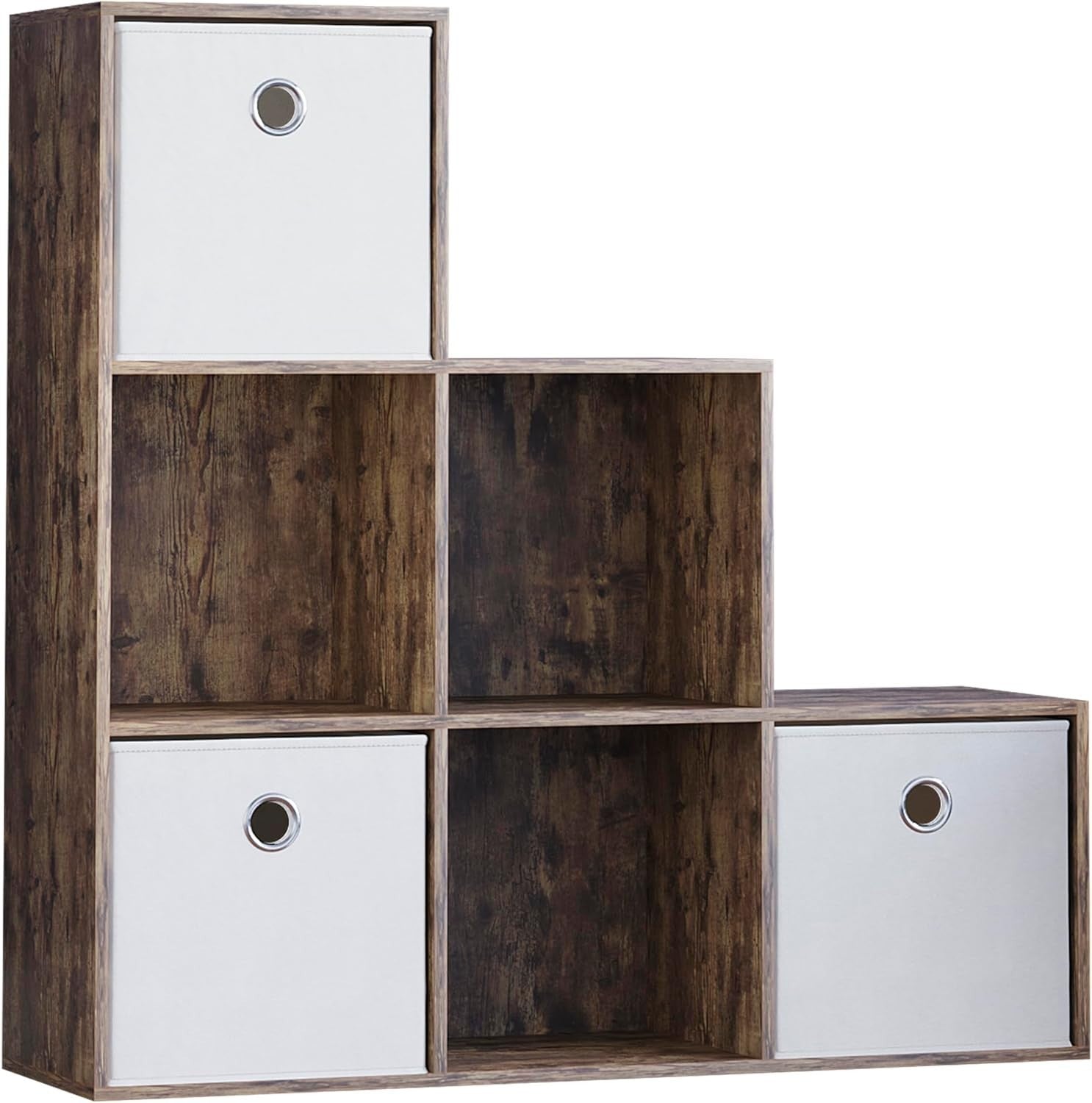 Dark Wood 6 Cube Staircase Storage Unit with 3 Baskets – Bookcase Shelf