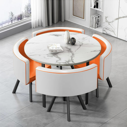 35.4" Round Faux Marble Dining Table Set with 4 PU Leather Chairs - Modern