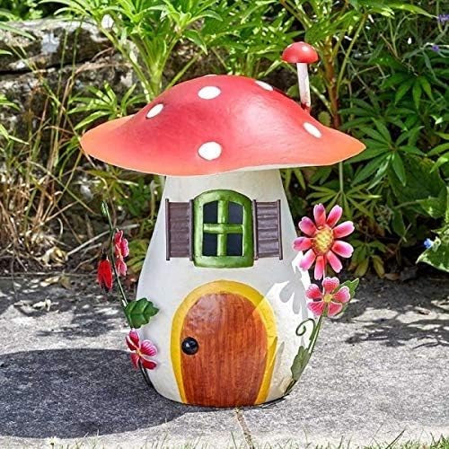 Mushroom Fairy House Garden Ornament Metal Hand-Painted Weatherproof 29cm Decor