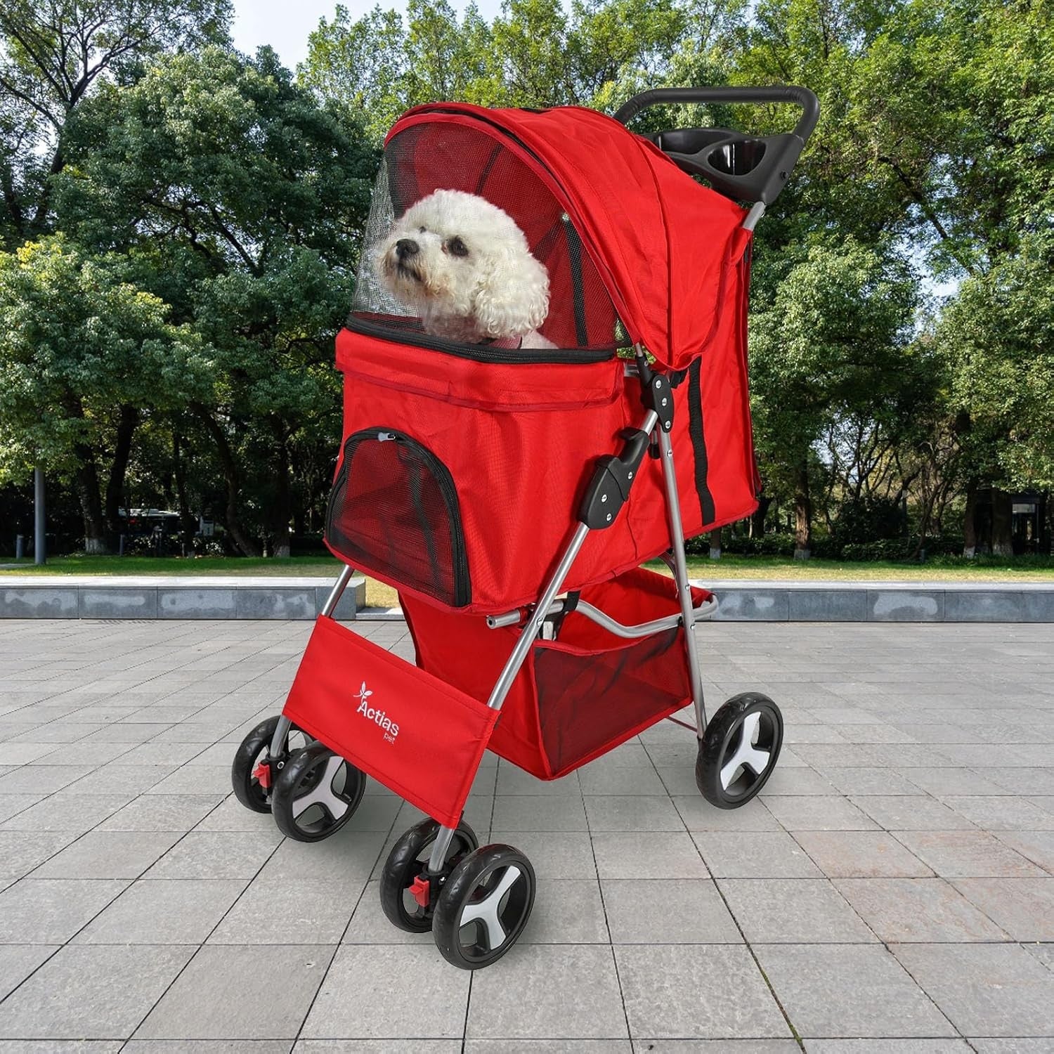 Pet Travel Stroller Dog Cat Pushchair Foldable Swivel Wheels 15kg Red