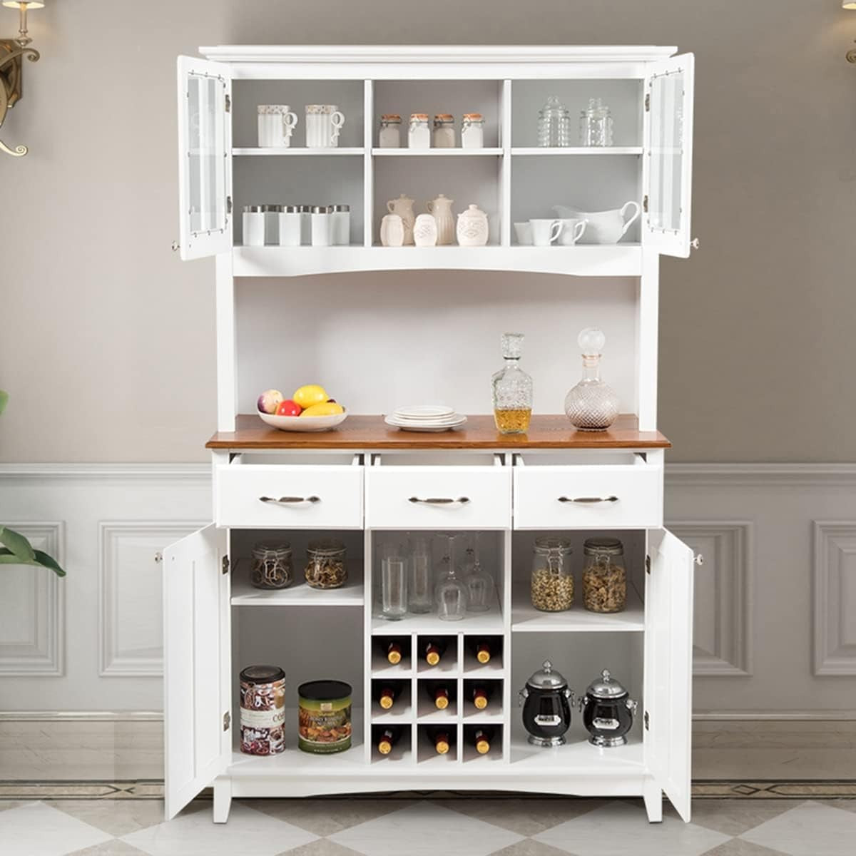 White Kitchen Sideboard 185cm Storage Cabinet Wine Rack Drawers Glass Doors