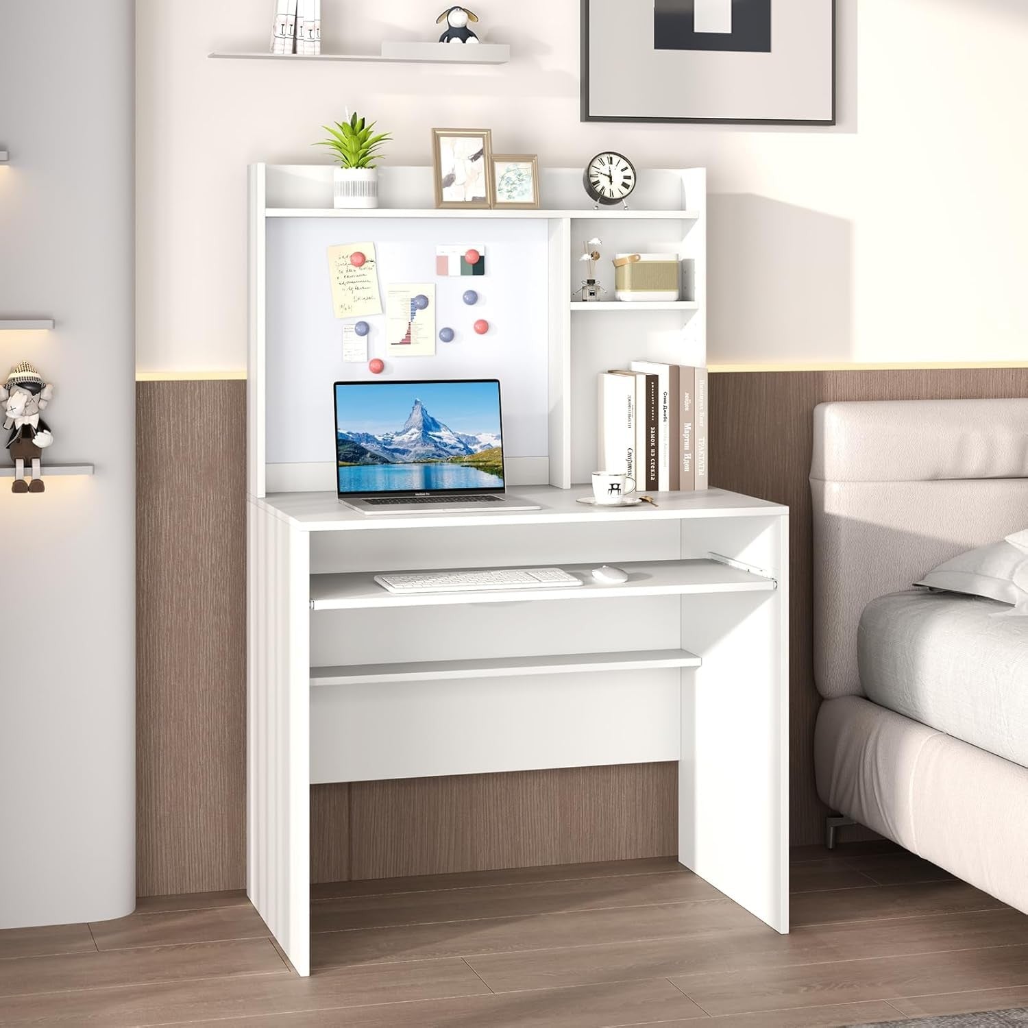 Computer Desk with Hutch Storage Keyboard Tray Study Workstation White