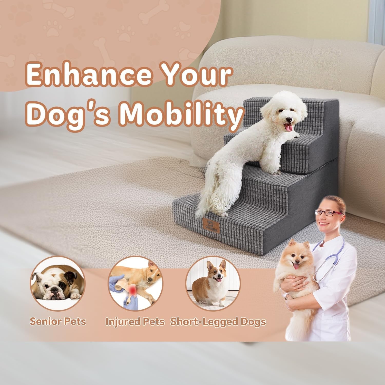 4 Step Dog Stairs Ramp for High Bed Non Slip Foldable Grey