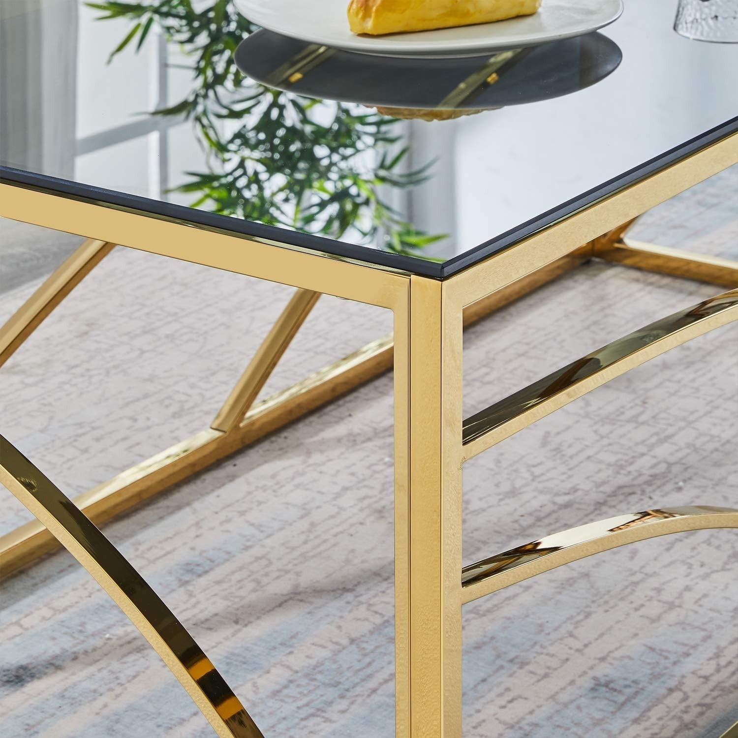 Gold Frame Coffee Table with Dark Grey Tempered Glass, 120x60cm