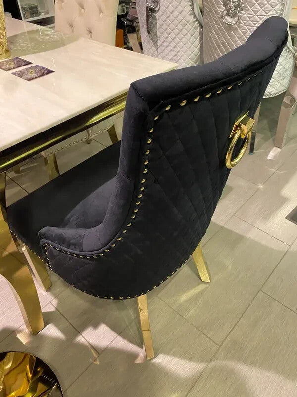2 Black Velvet Dining Chairs Gold Legs Ring Back Tufted Studded Luxury