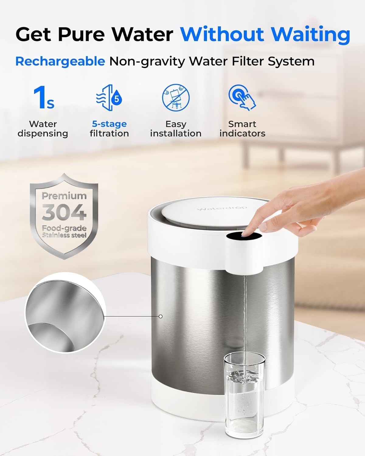 Electric Water Filter Dispenser Stainless Steel 5.3L Rechargeable Countertop