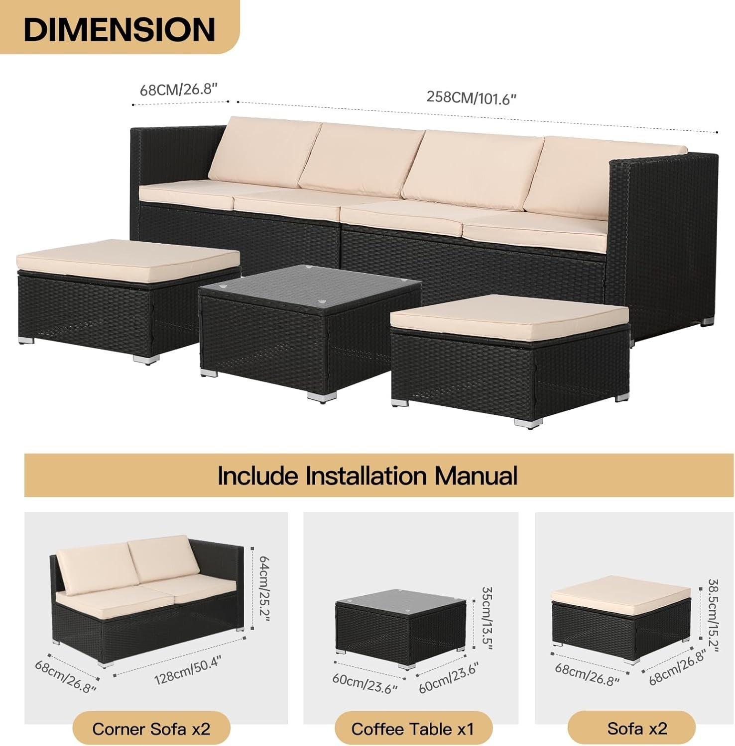 6 Seater Rattan Garden Sofa Set | Modular Outdoor Patio Lounge with Table