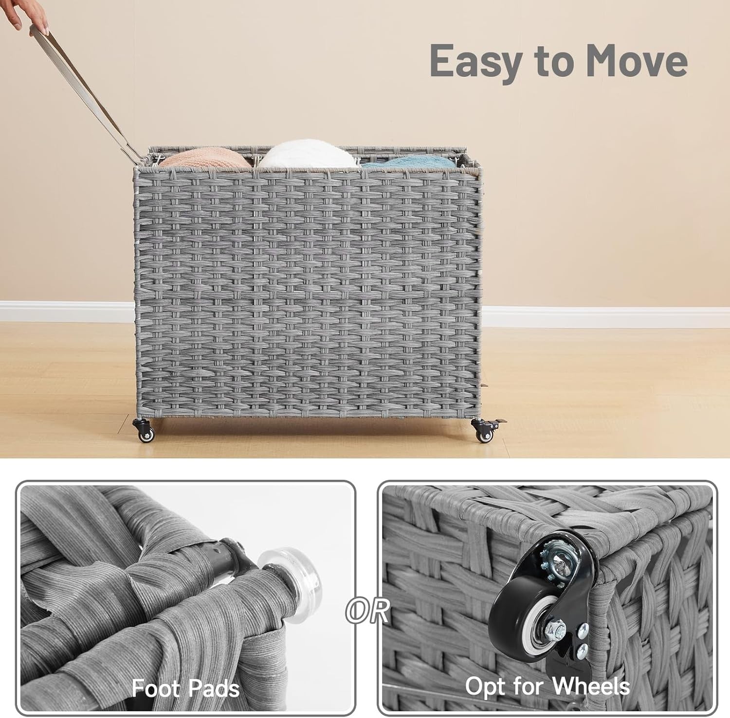 200L Rolling Wicker Laundry Hamper with Lid | 3 Removable Bags & Side Pocket | L