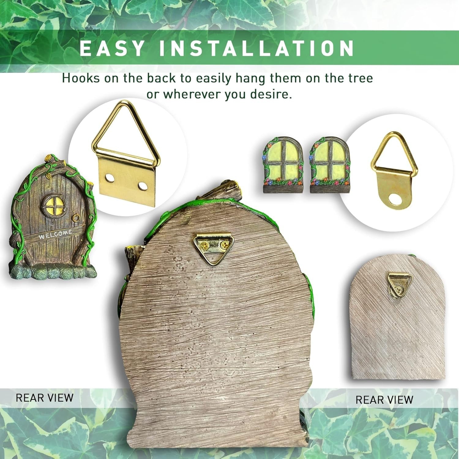 Fairy Door & Window Set Glow in Dark Garden Ornament Outdoor Resin Decor 4pcs