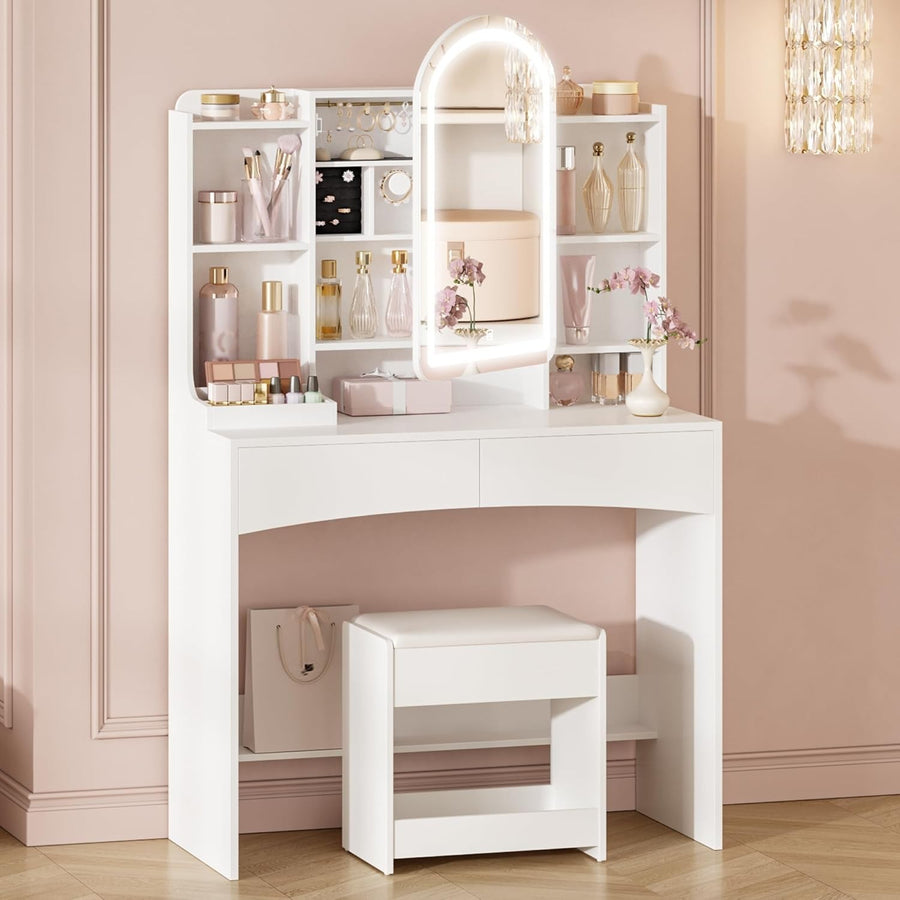 Dressing Table Vanity Desk with Mirror & 3-Color LED Light, Storage, White, Mode