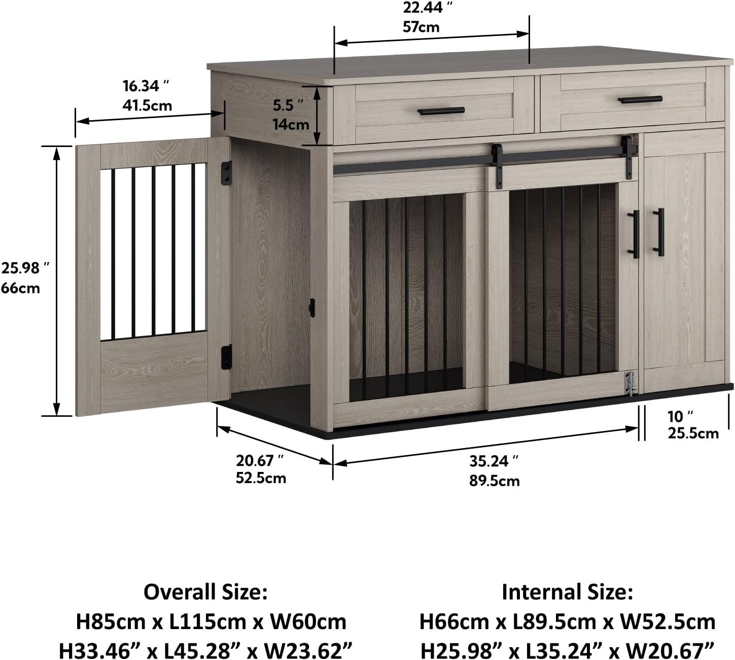 Large Indoor Wooden Dog Crate with Dual Sliding Doors, Storage & Lock