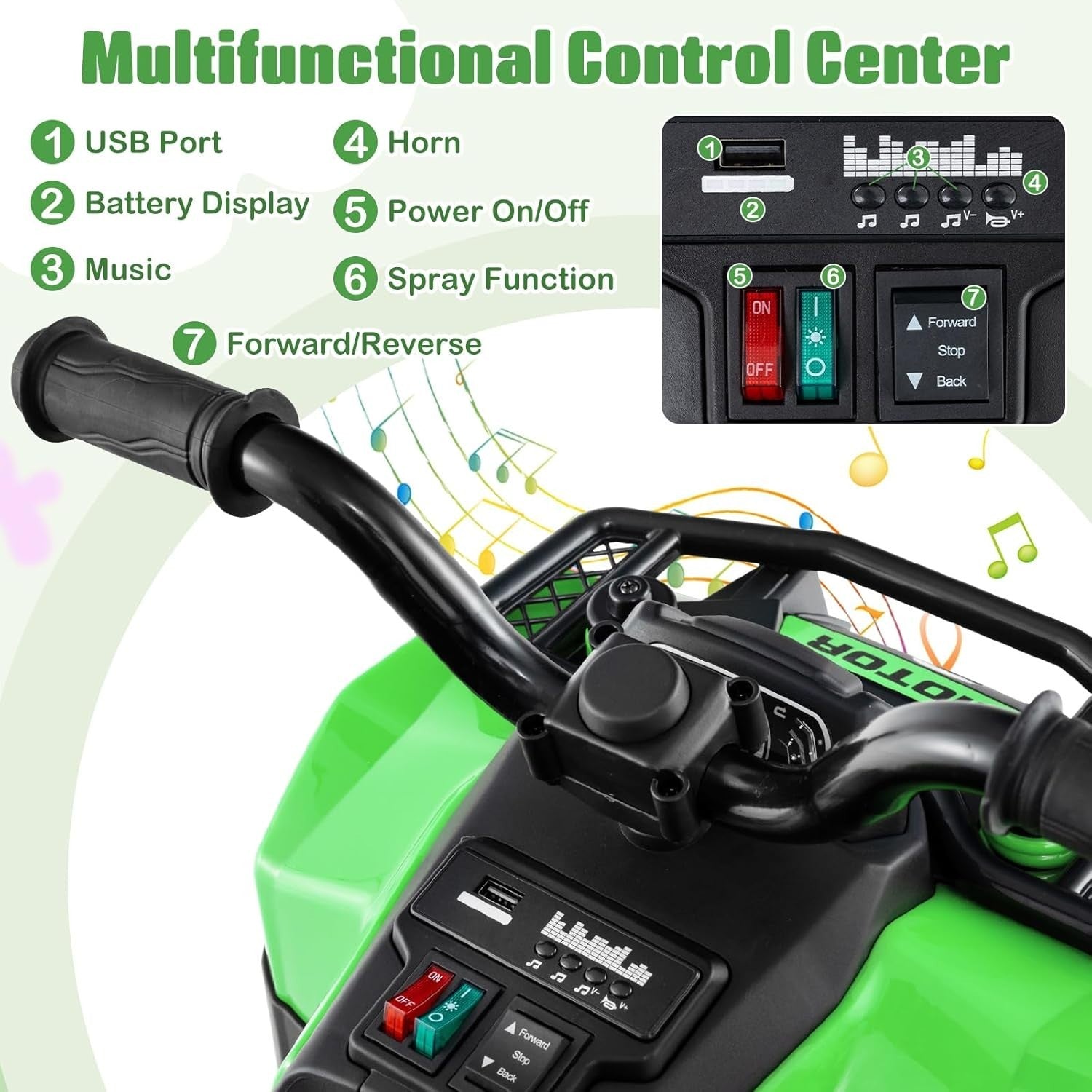 Kids Electric Quad Bike 6V Ride On ATV LED Lights Music Green 20kg