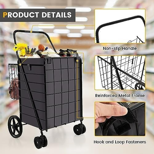 120L Folding Shopping Trolley with 6 Wheels & Removable Liner, Portable Cart