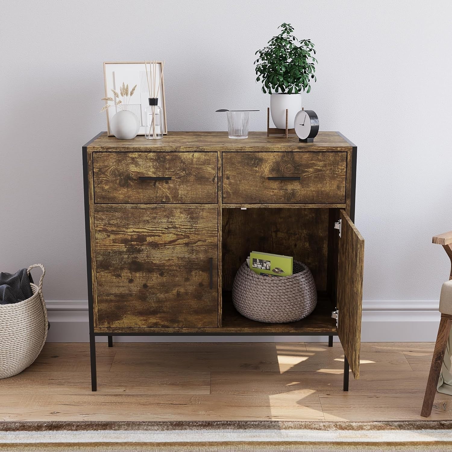 Industrial Dark Wood Sideboard Storage Cabinet 2 Door 2 Drawer Metal Legs