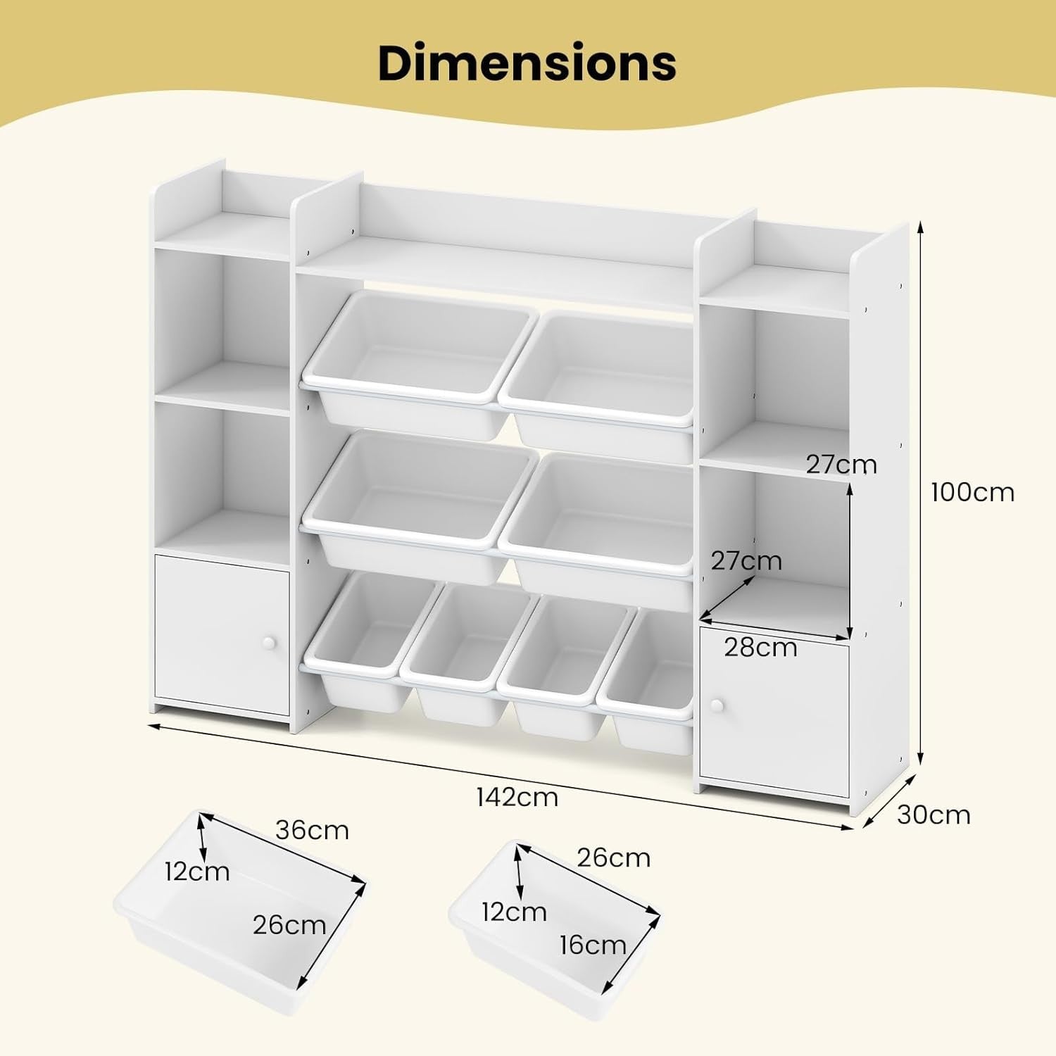 White Kids Toy Storage Unit – 4-Tier Bookshelf with Bins & Cabinets 142cm