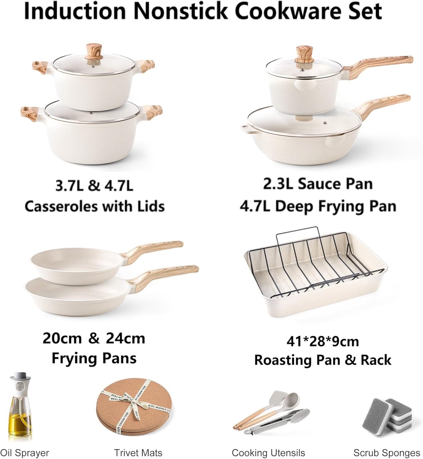 11Pcs Beige Non Stick Cookware Set with Roasting Pan & Lids Induction Safe