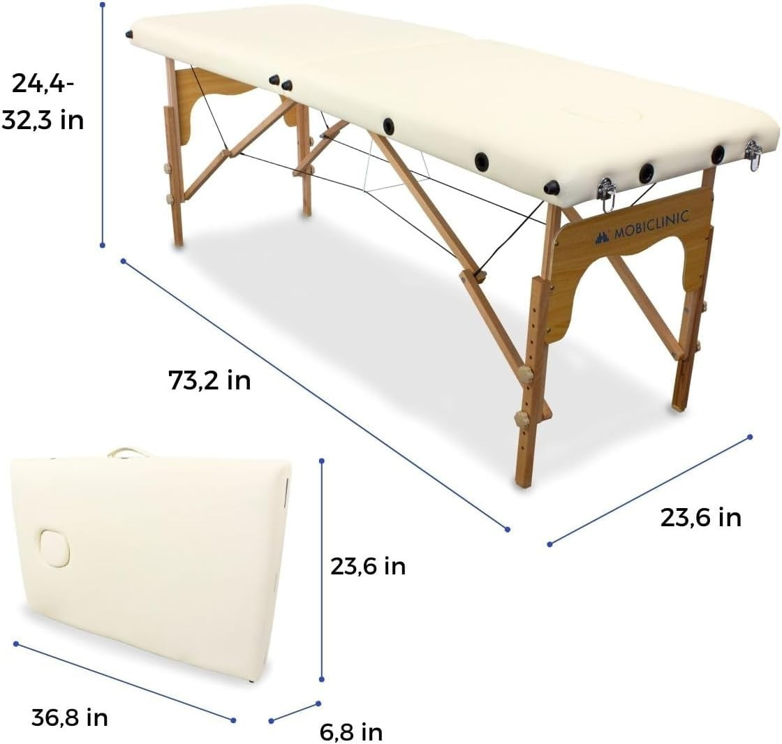 Portable Wooden Massage Table 2-Section Adjustable Therapy Bed Cream