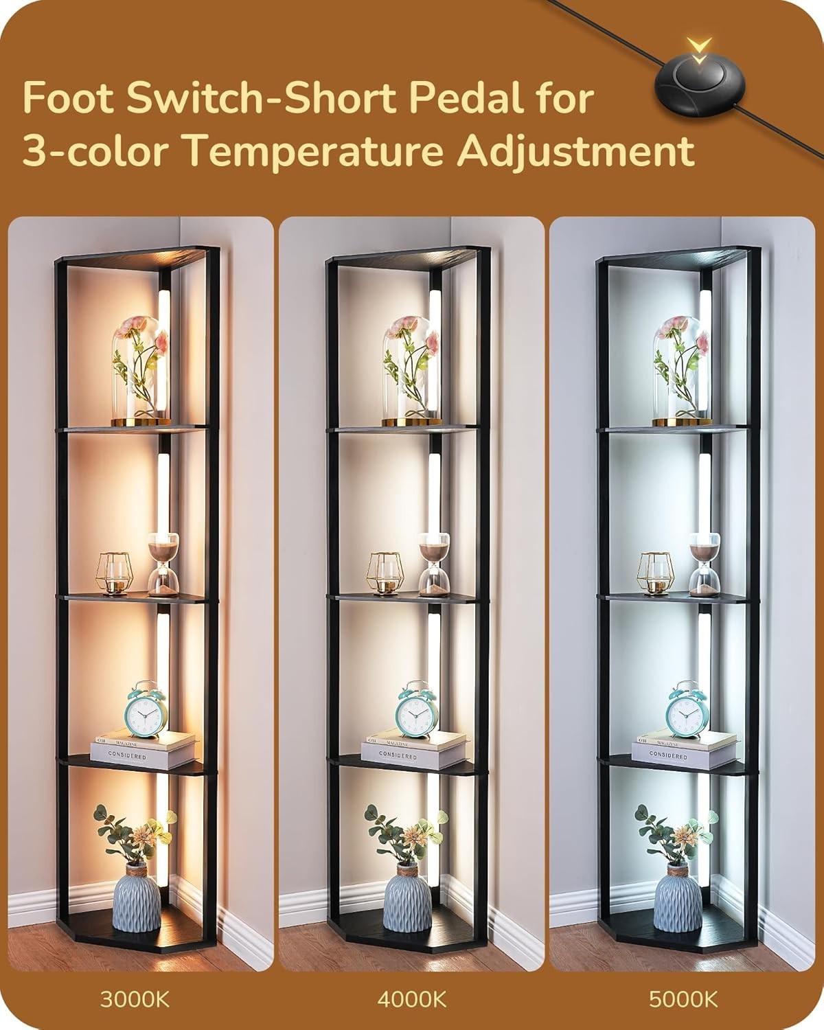 LED Floor Lamp with Shelves Black Wood 4-Tier Corner Light for Living Room