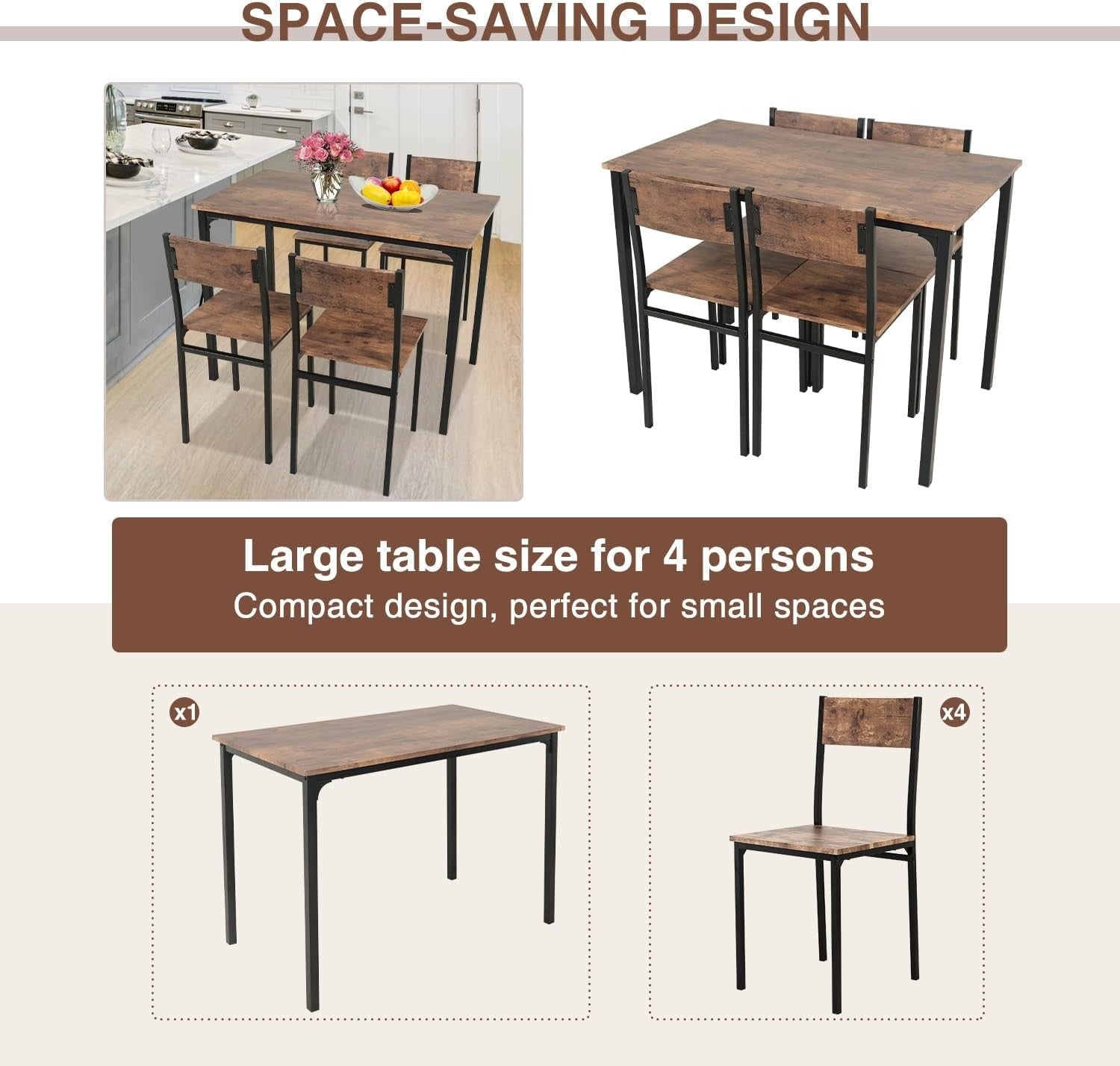 Rustic Brown Dining Table & 4 Chairs Set - Compact, Durable & Space Saving
