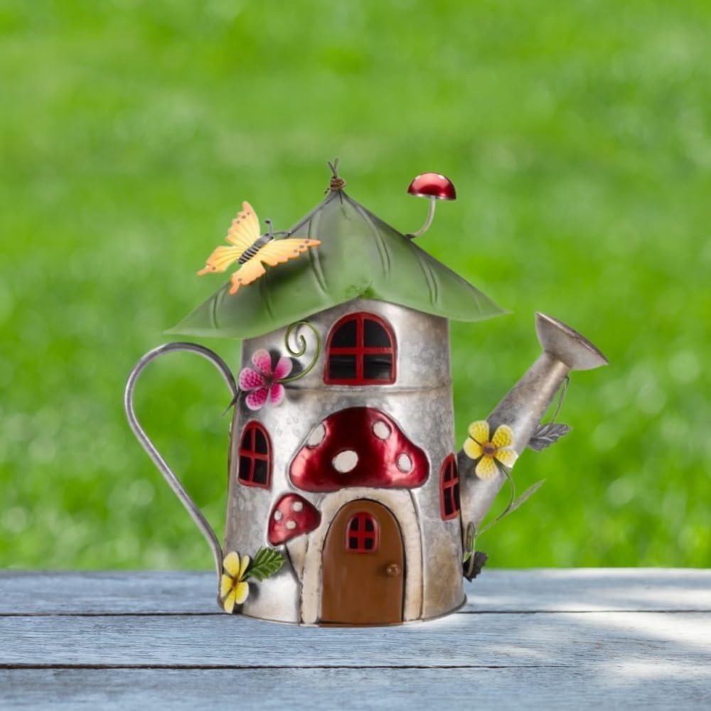 Teapot Fairy House Garden Ornament Metal Hand-Painted Weatherproof 32cm Decor