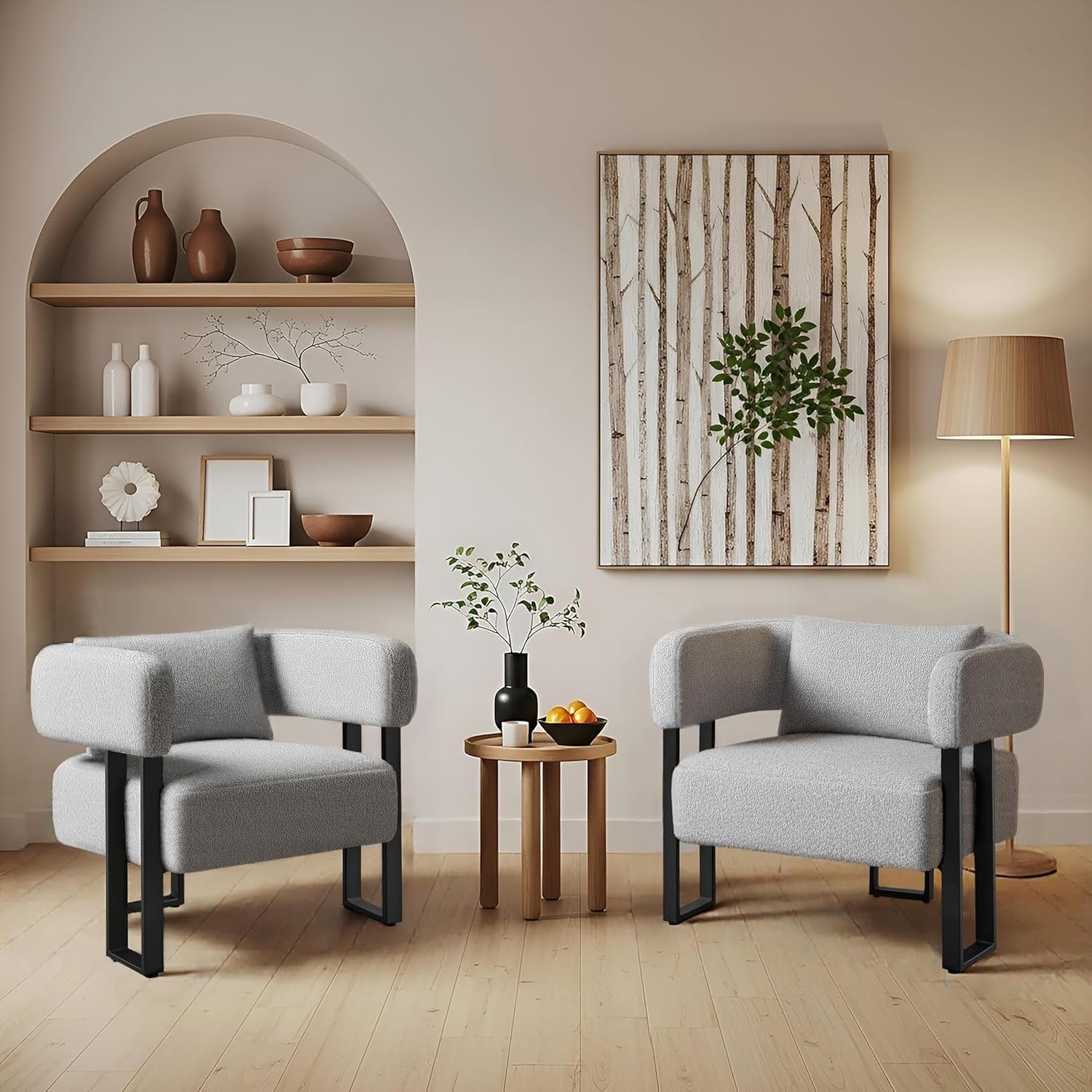 Boucle Tub Chair Accent Armchair with Pillow Metal Legs Grey