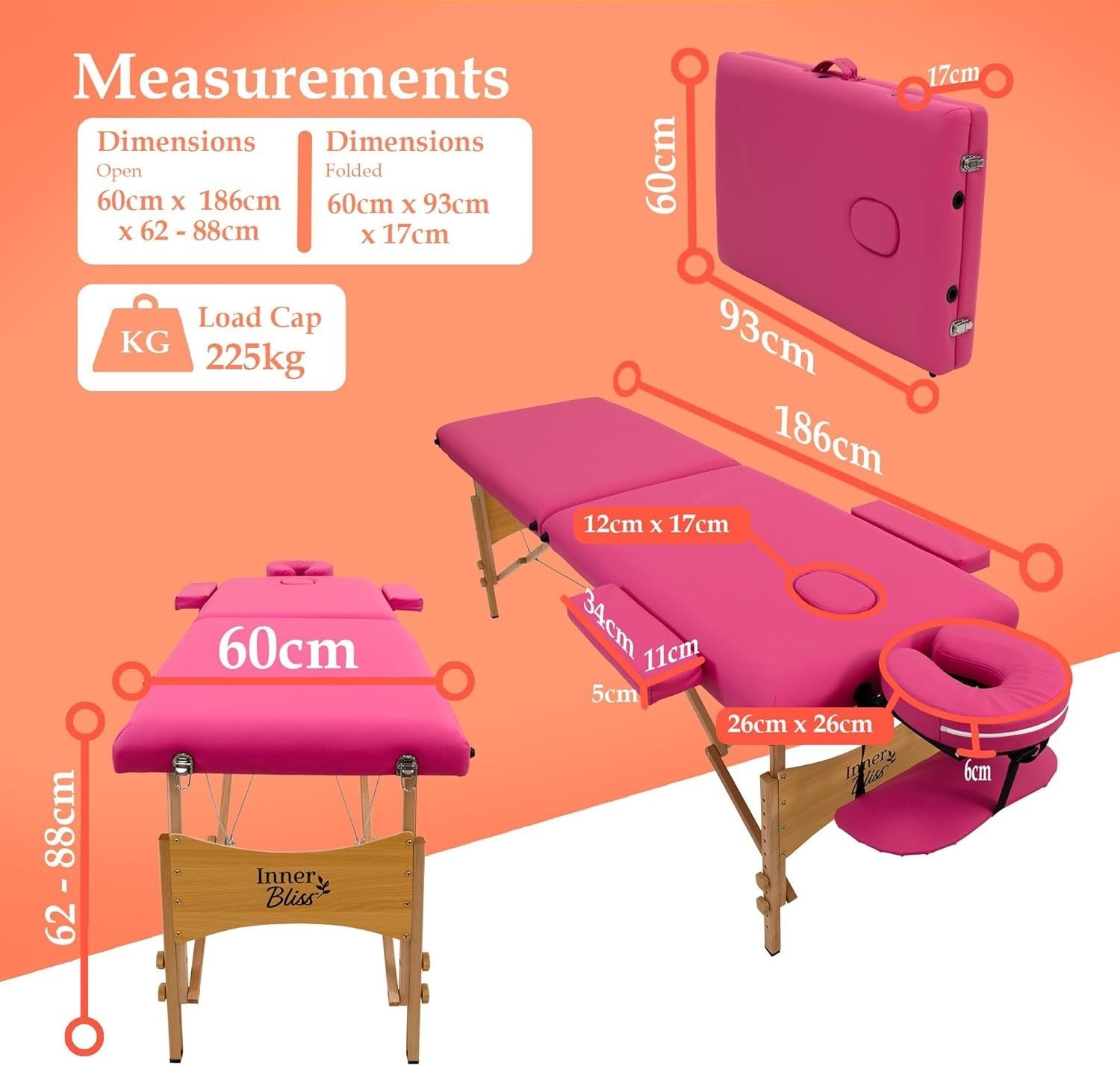 Portable Massage Table 2-Section Wooden Folding Beauty Therapy Couch Pink