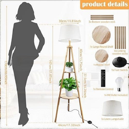 Wood Tripod Floor Lamp Dimmable LED with Shelves Remote Control Standing Light