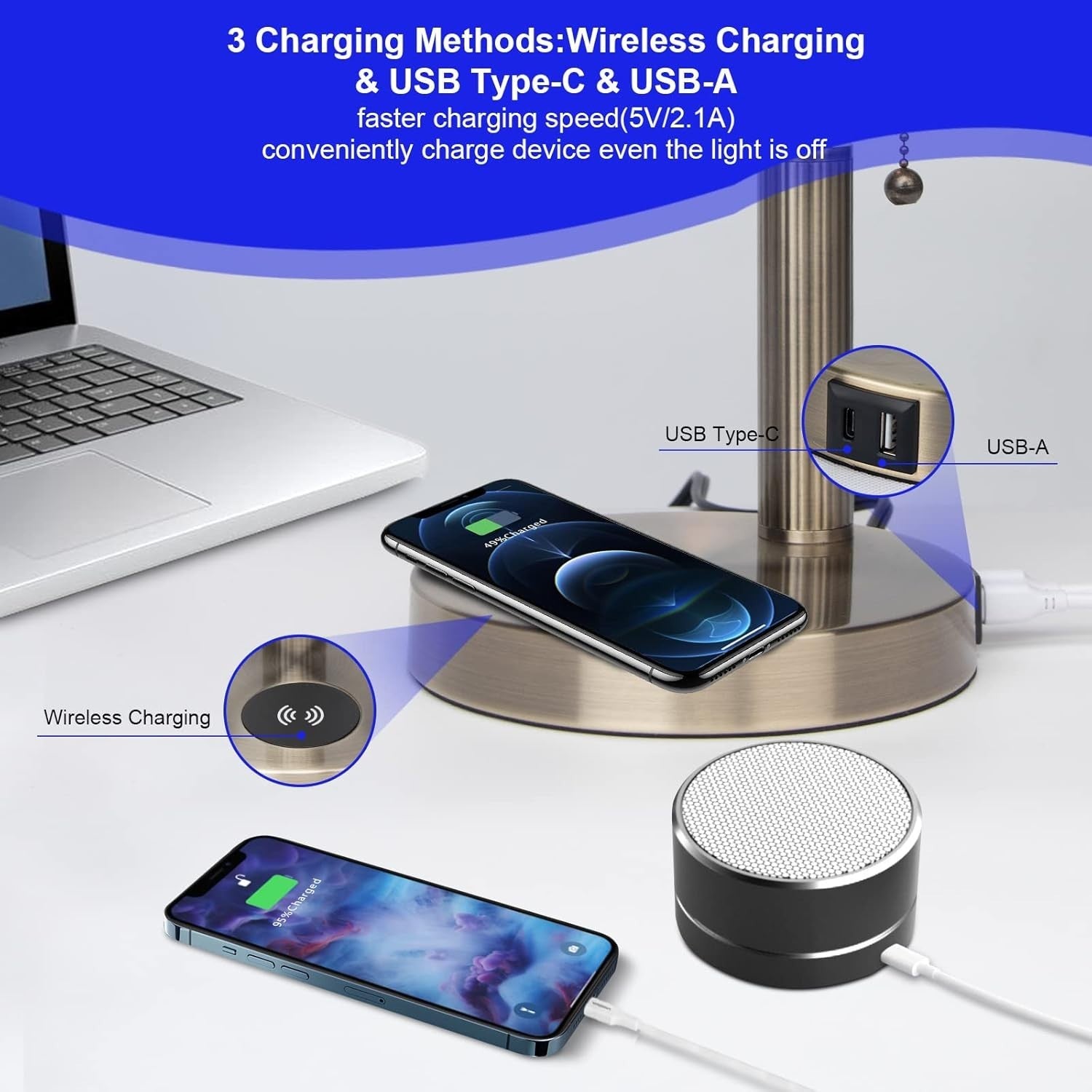 Blue Glass Desk Lamp with Wireless Charger & USB Port, Retro Style